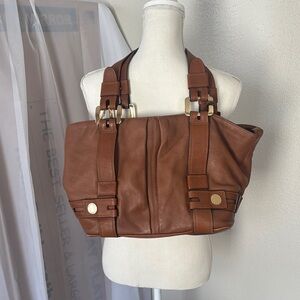 Michael Kors Brown Leather Shoulder Bag with Gold Accents